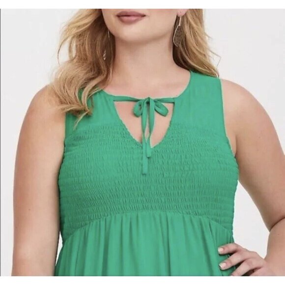 Torrid Women's Green V-Neck Sleeveless‎ Chiffon Smock Front Skater Dress Size 2 - Picture 4 of 11